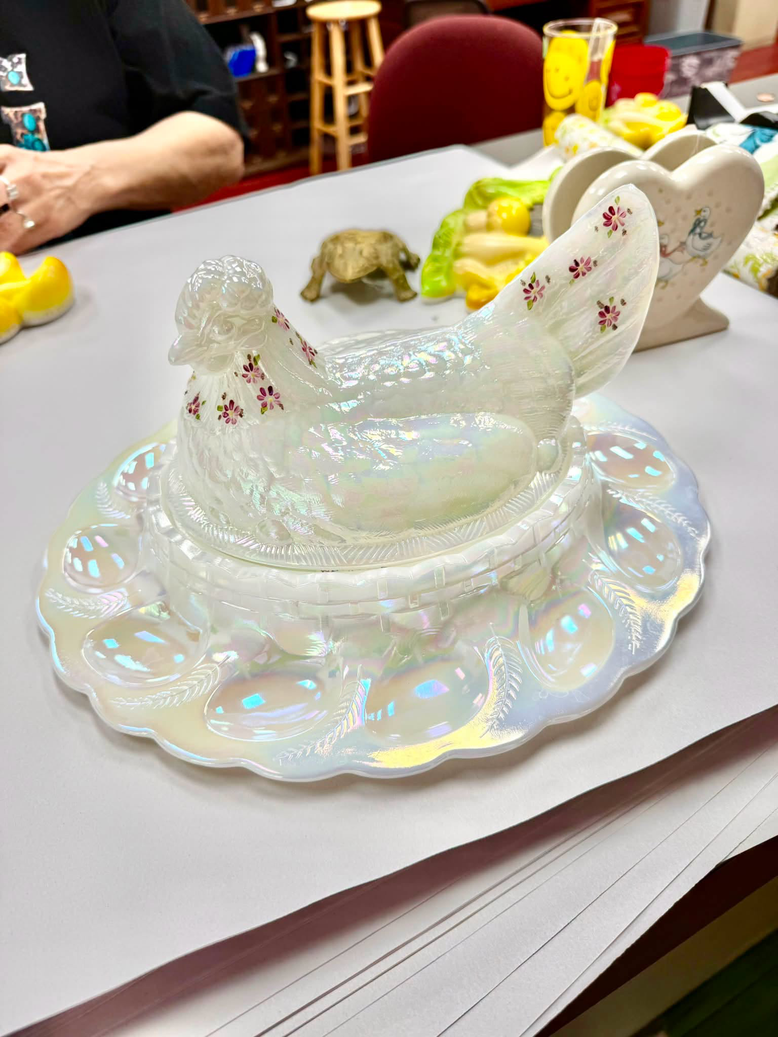 Iridescent vintage hen dish with floral details