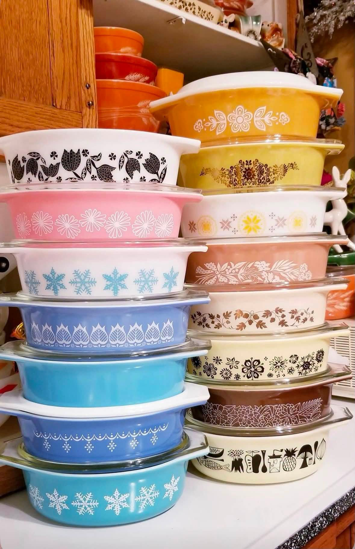Colorful stacks of vintage Pyrex dishes